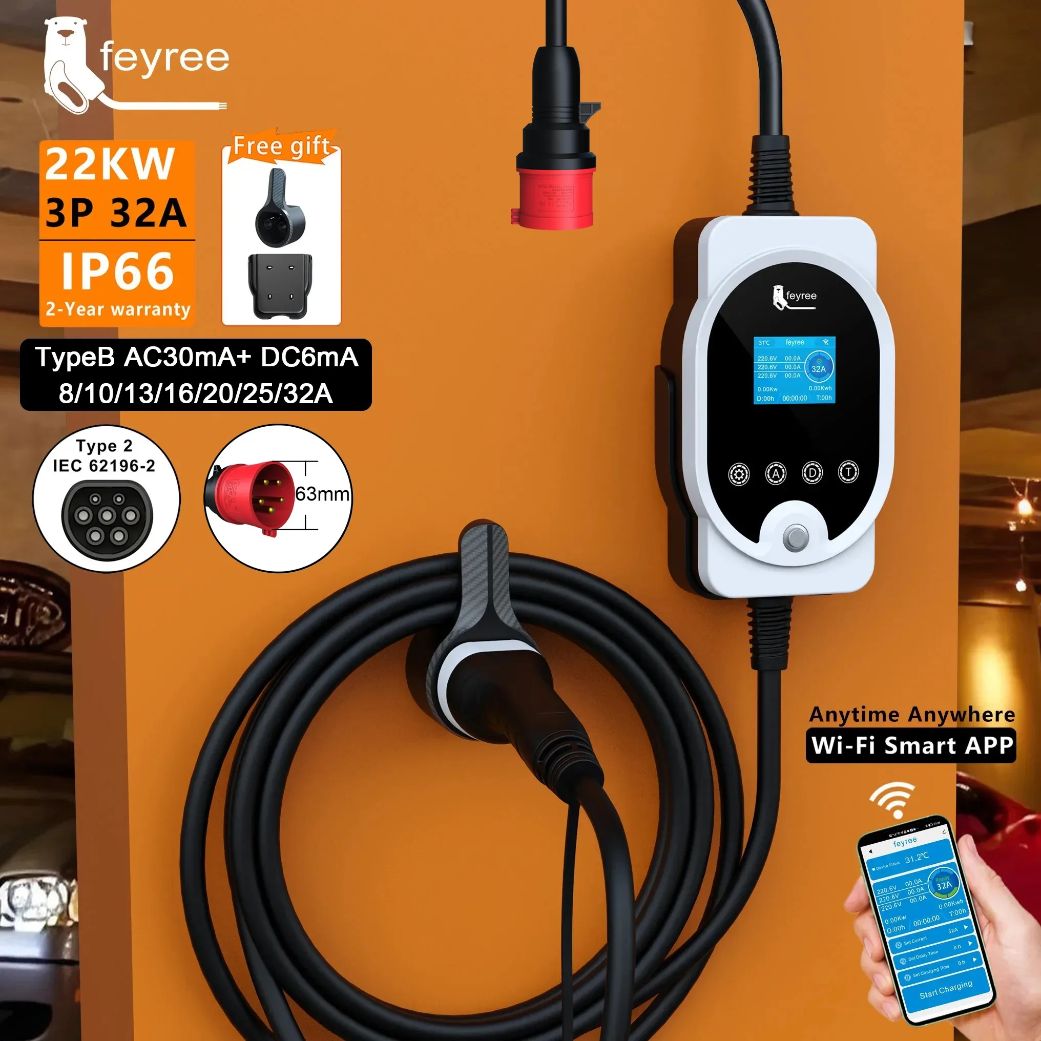 Ev Charger Type 2 22Kw 32A 3 Phase - เฟรี 22KW สายเคเบิล Type2 EVSE วอลล์บ็อกซ์
